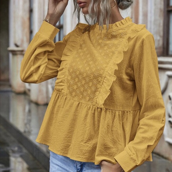 New Mustard Eyelet Lace Vintage Insp Blouse Top - Picture 2 of 6